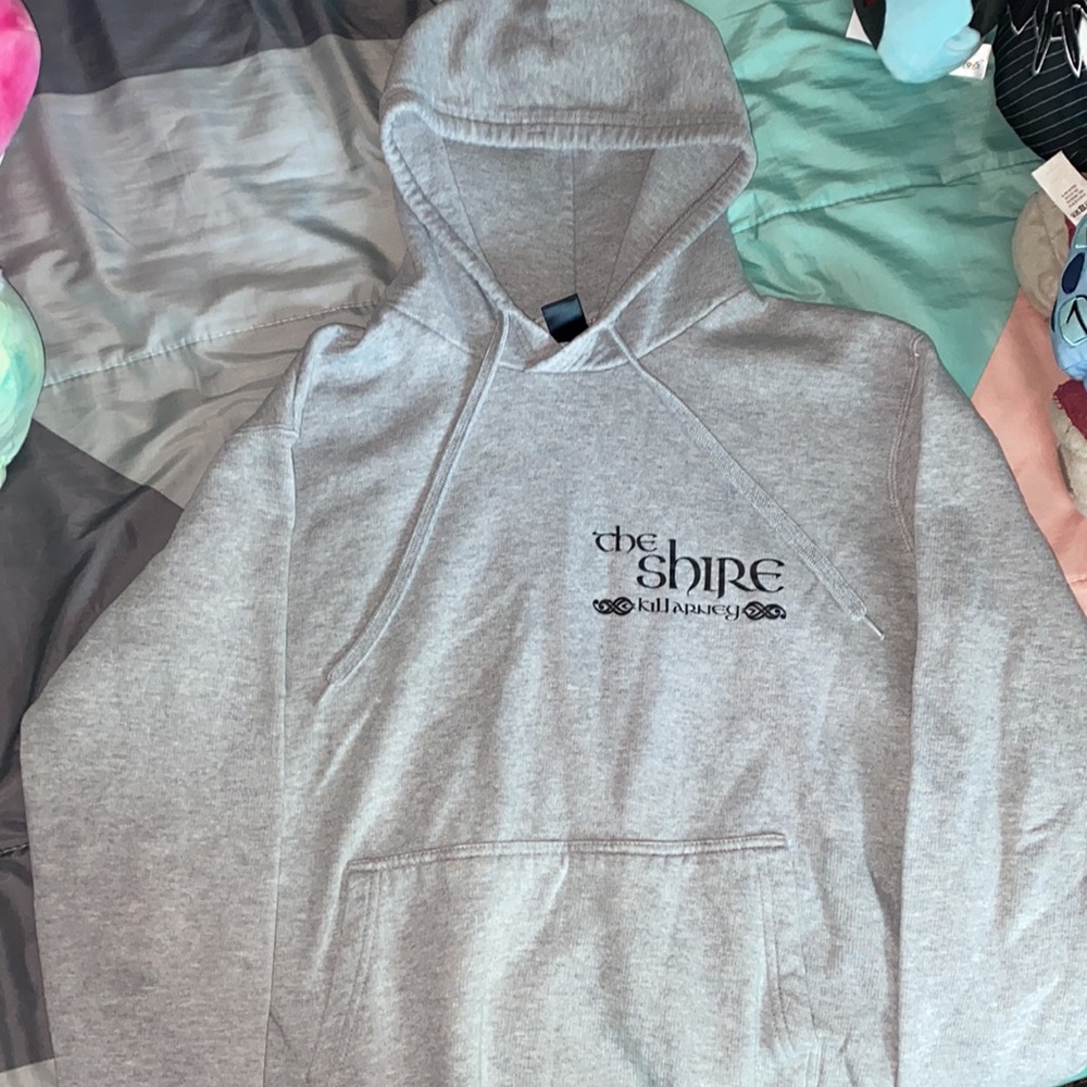 Grey “The Shire” hoodie fits like a small can pass as a medium.
